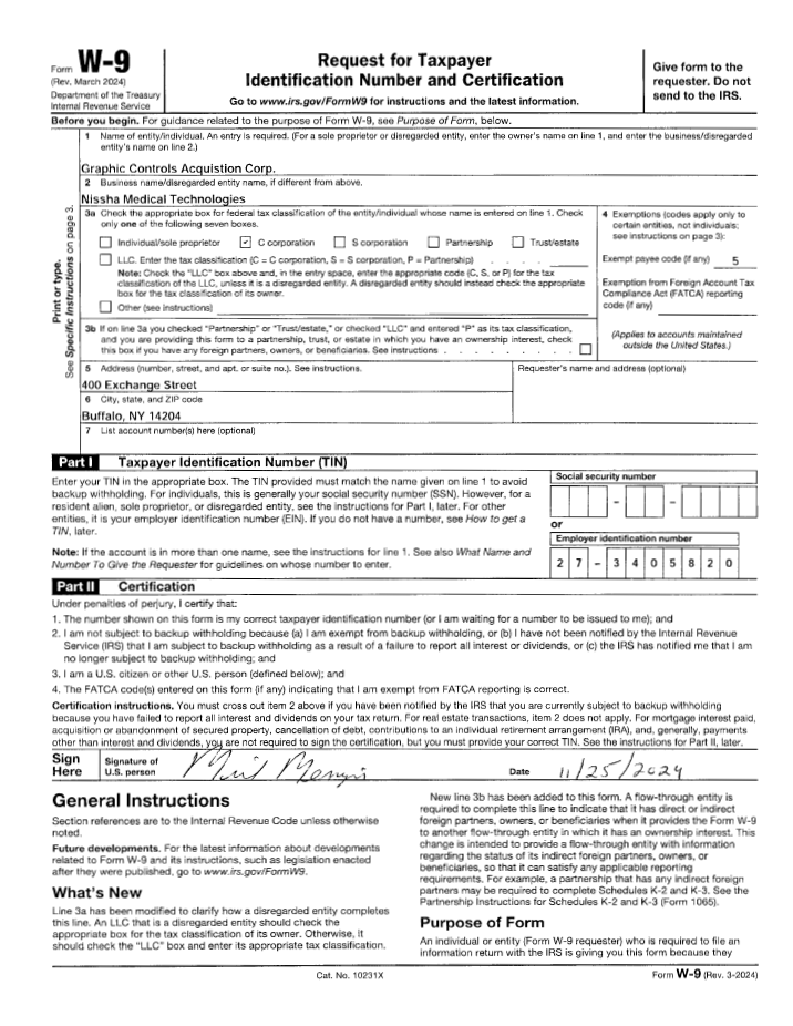 <p>Graphic Controls Acquisition Corp.<br />d.b.a. Nissha Medical Technologies</p>